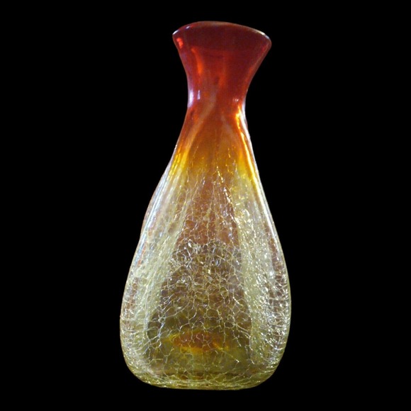 BLENKO GLASS VASE AMBERINA CRACKLE 4 SIDED PINCHED #533 MID CENTURY Tangerine - Picture 2 of 5